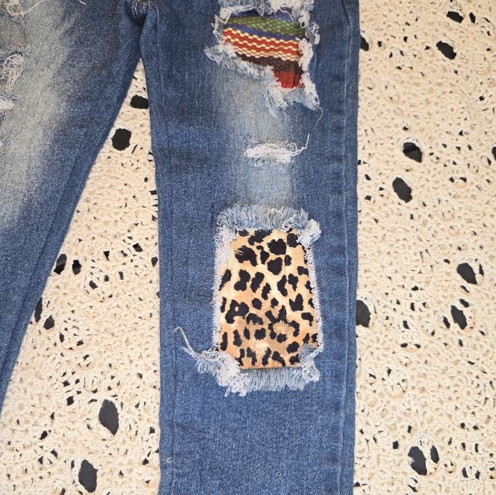 Leopard And Serape Distress Denim Girls Jeans, Stretch, Large - Picture 2 of 9